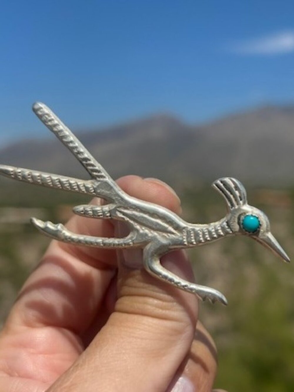 Sterling Silver ROAD RUNNER Native American Turquoise Brooch